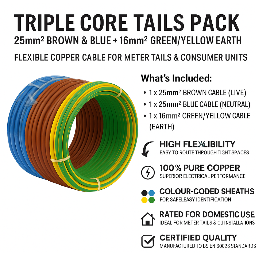 6181Y Flexi Meter Tail 19-Strand Cable Kit– 25mm² Brown & Blue + 16mm² Green/Yellow Earth | Double Insulated