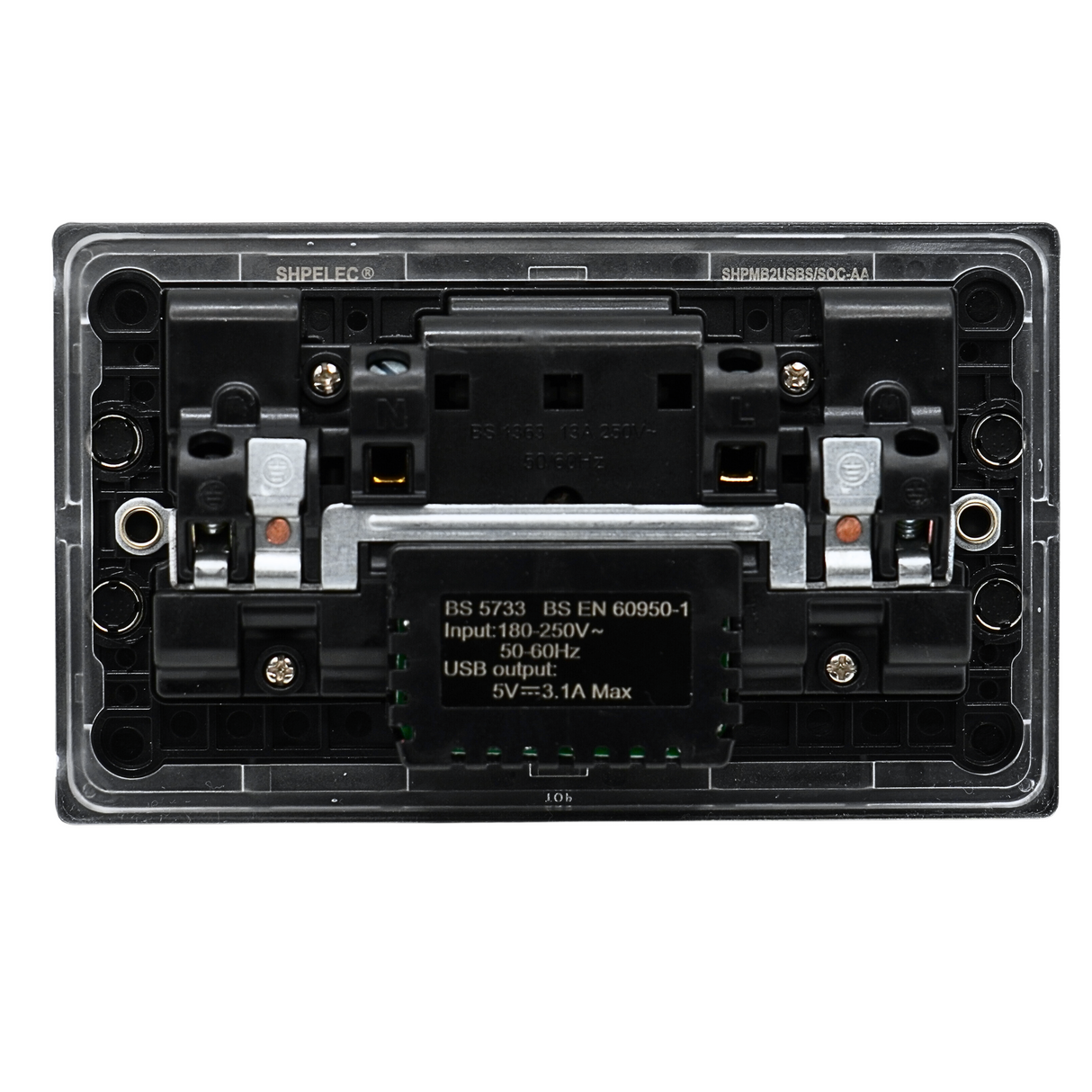 SH|P® 2 Gang Switched Socket – Matte Black, 13A, USB A+C Fast Charge (15W) + 35mm Back Box