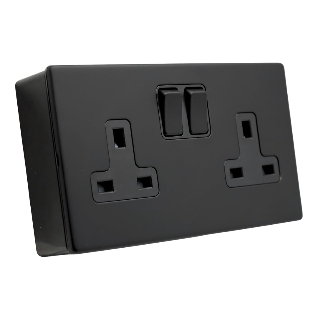 SHPELEC® Matt Black Screwless Metal 2 Gang 13A Switched Socket and 25mm Surface Mount Pattress Box