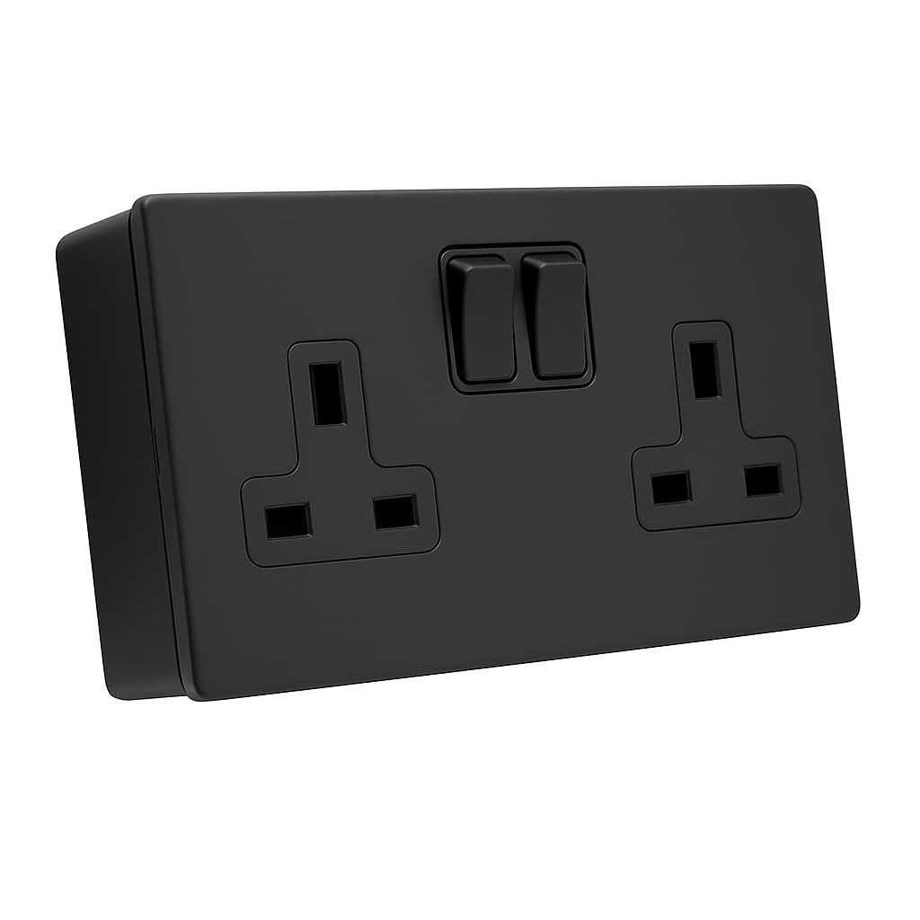 SHPELEC® Matt Black Screwless Metal 2 Gang 13A Switched Socket and 25mm Surface Mount Pattress Box