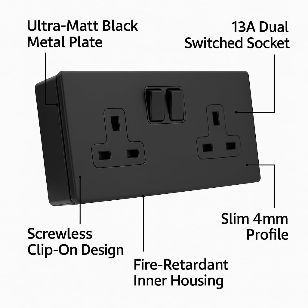 SHPELEC® Matt Black Screwless Metal 2 Gang 13A Switched Socket and 25mm Surface Mount Pattress Box