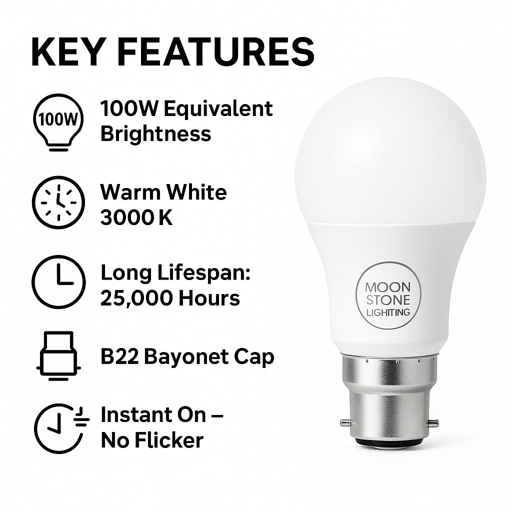 Moonstone Lighting 12W B22 LED Bulb – Warm White 3000K | Energy Saving Bayonet (B22) Light Bulb | Pack of 3