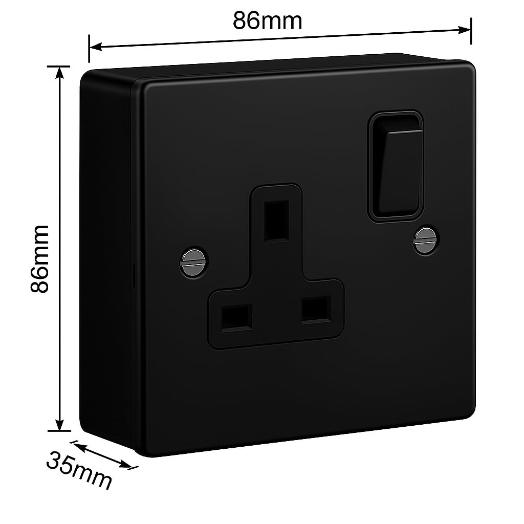SH|P® COMPACT 3mm Thin Plate Ultra Matt Black Metal 13A 1 Gang Socket and 25mm Plastic Surface Mount Pattress Box