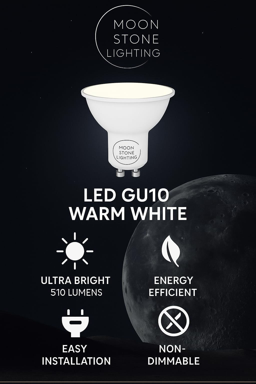 Moonstone Lighting LED GU10 Bulbs, Warm White, 6W, 510 Lumens, Non-Dimmable, Pack of 5