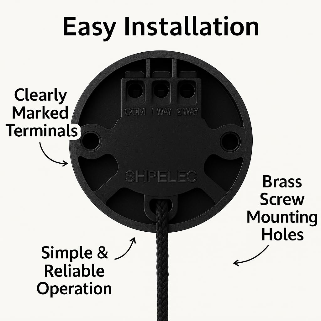 SHIP® 10A 2-Way Pull Cord Switch – Deep Black Finish | Stylish Ceiling & Bathroom Light Switch