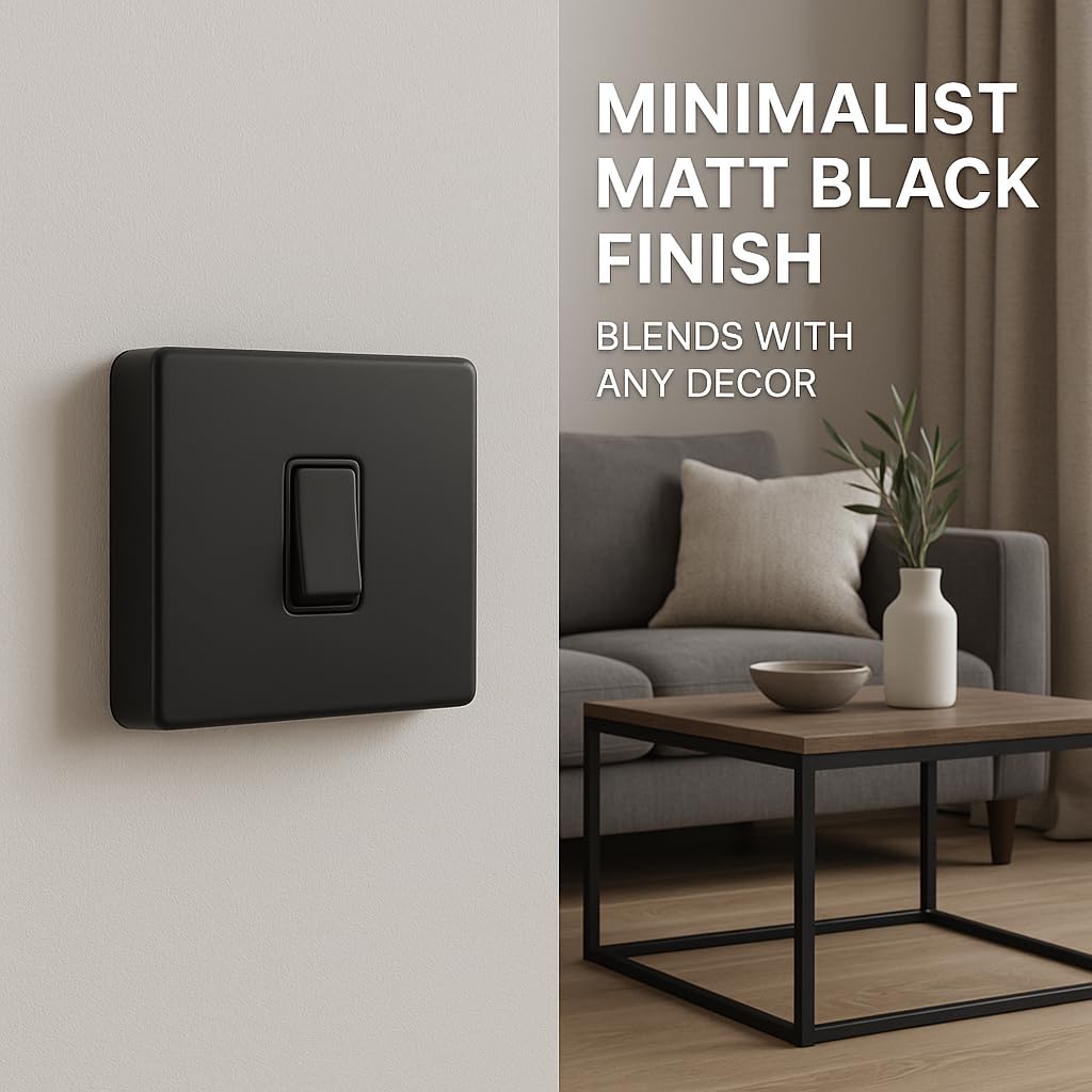 SHPELEC® Matt Black Screwless Metal 10A 1 Gang 2 Way Switch and 25mm Surface Mount Pattress Box