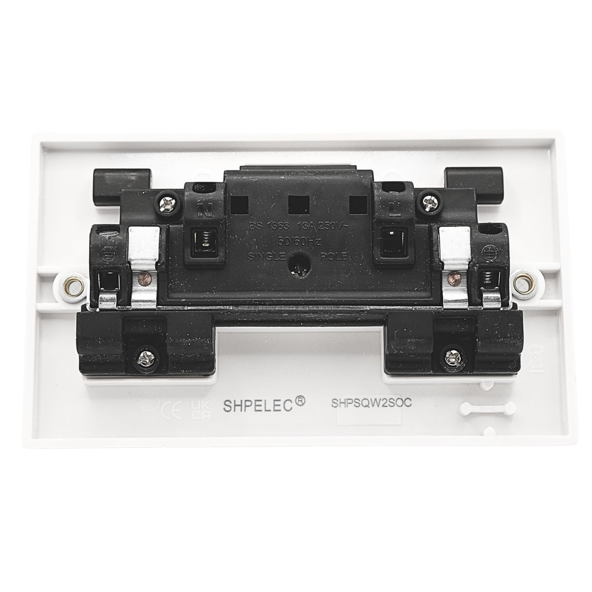 Rear view of white 13A 2 gang switched socket with surface mount box