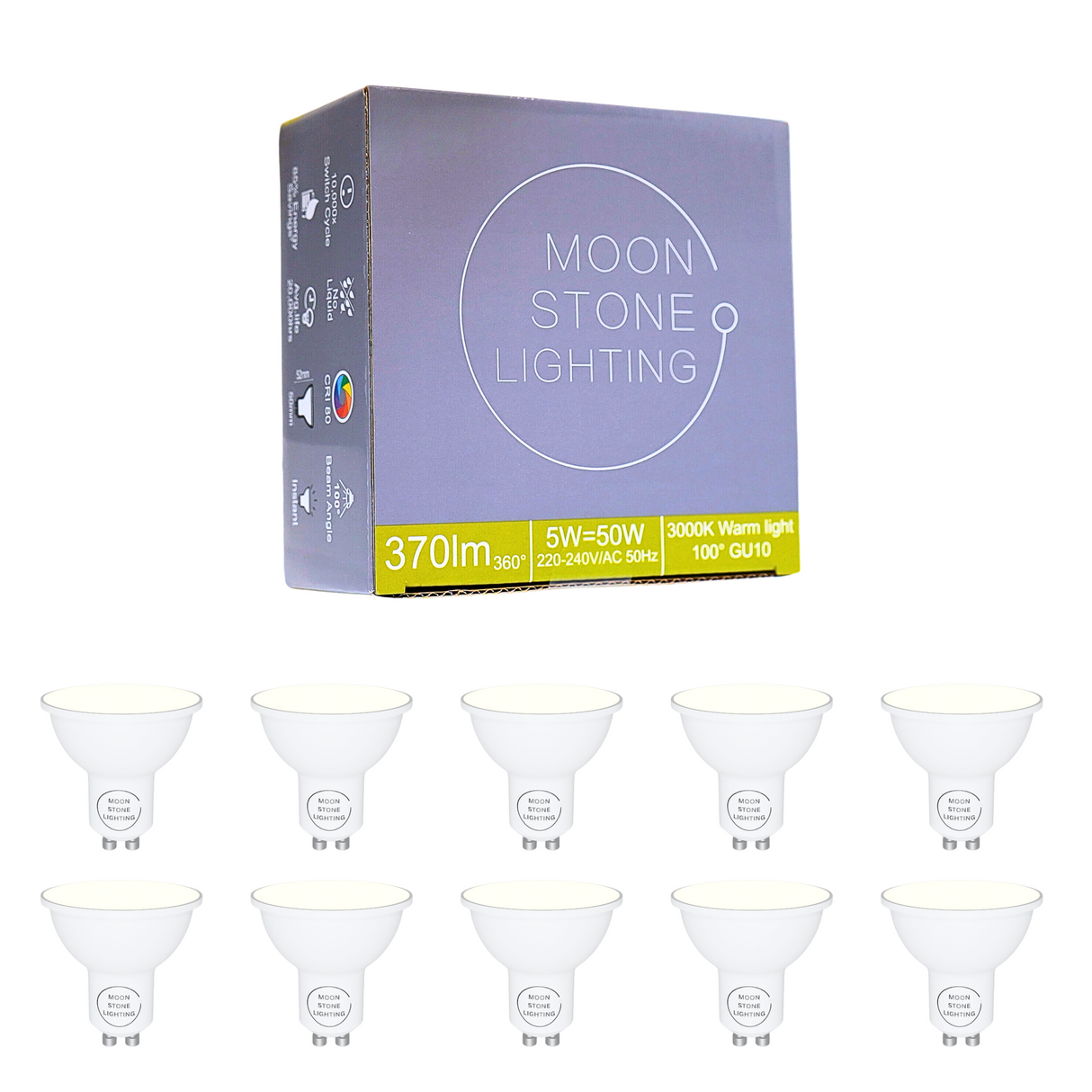 Moonstone Lighting® GU10 LED Bulbs – Warm White 5W, 338 Lumens, Non-Dimmable – Pack of 10it Energy-Saving Spotlights