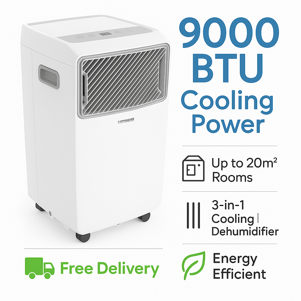 Airmaster 9000BTU Portable Air Conditioner – 3-in-1 Cooling, Dehumidifier & Fan – Energy Efficient with Remote Control