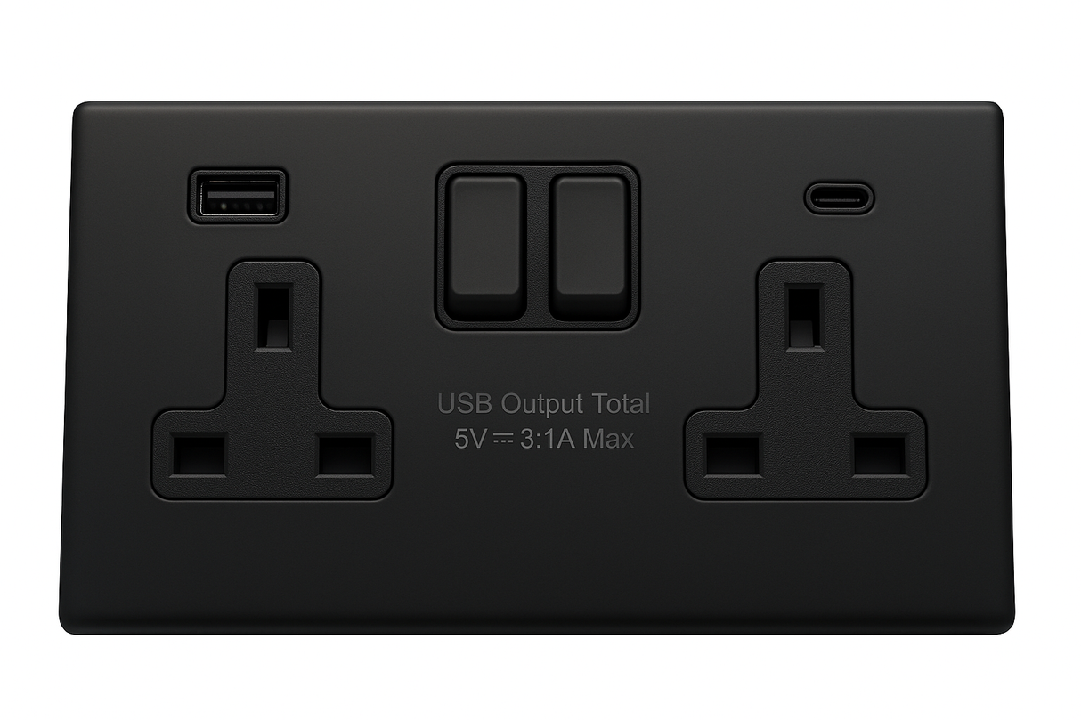 Double Switched Socket with USB-C + USB-A – 15W Fast Charge SH|P® – Screwless Matt Black Metal Faceplate (13A, 2 Gang)