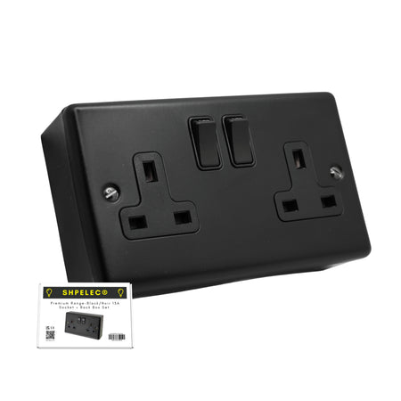 Matt Black 2 gang 13A switched socket and 35mm Surface Mount Back Box