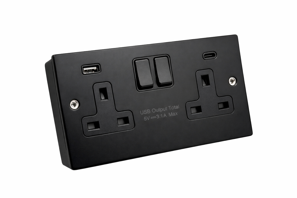 SH|P® 2 Gang Switched Socket – Matte Black, 13A, USB A+C Fast Charge (15W) + 35mm Back Box