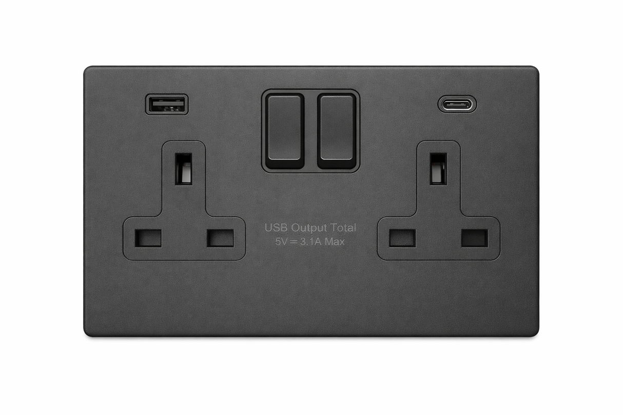 SH|P® Concealed 2 Gang 13A Switched Socket with 15W FASTCHARGE USB Ports (Type A + C) – Screwless Matte Black with 32mm Surface Mount Back Box