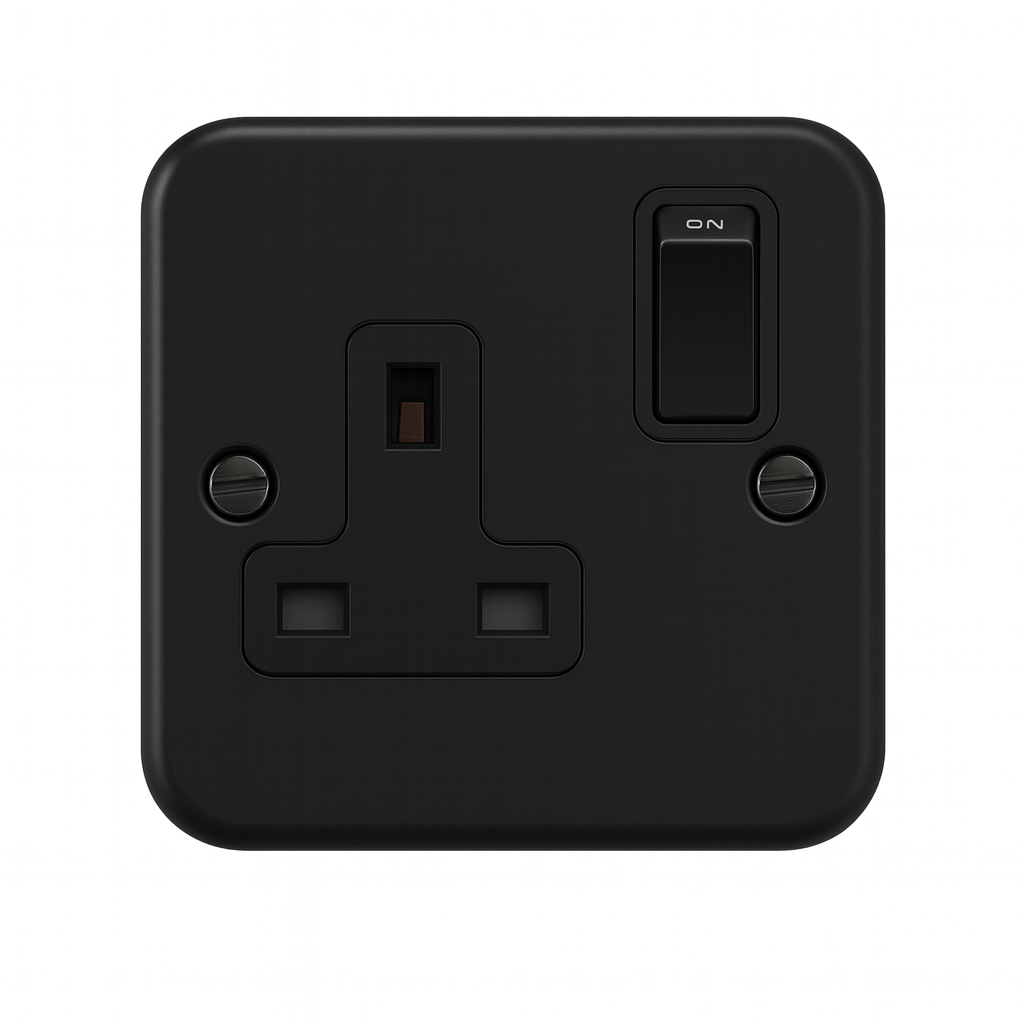 SH|P Matt Black Metal Clad 1 Gang 13A Switched Socket – Stylish Single Power Outlet