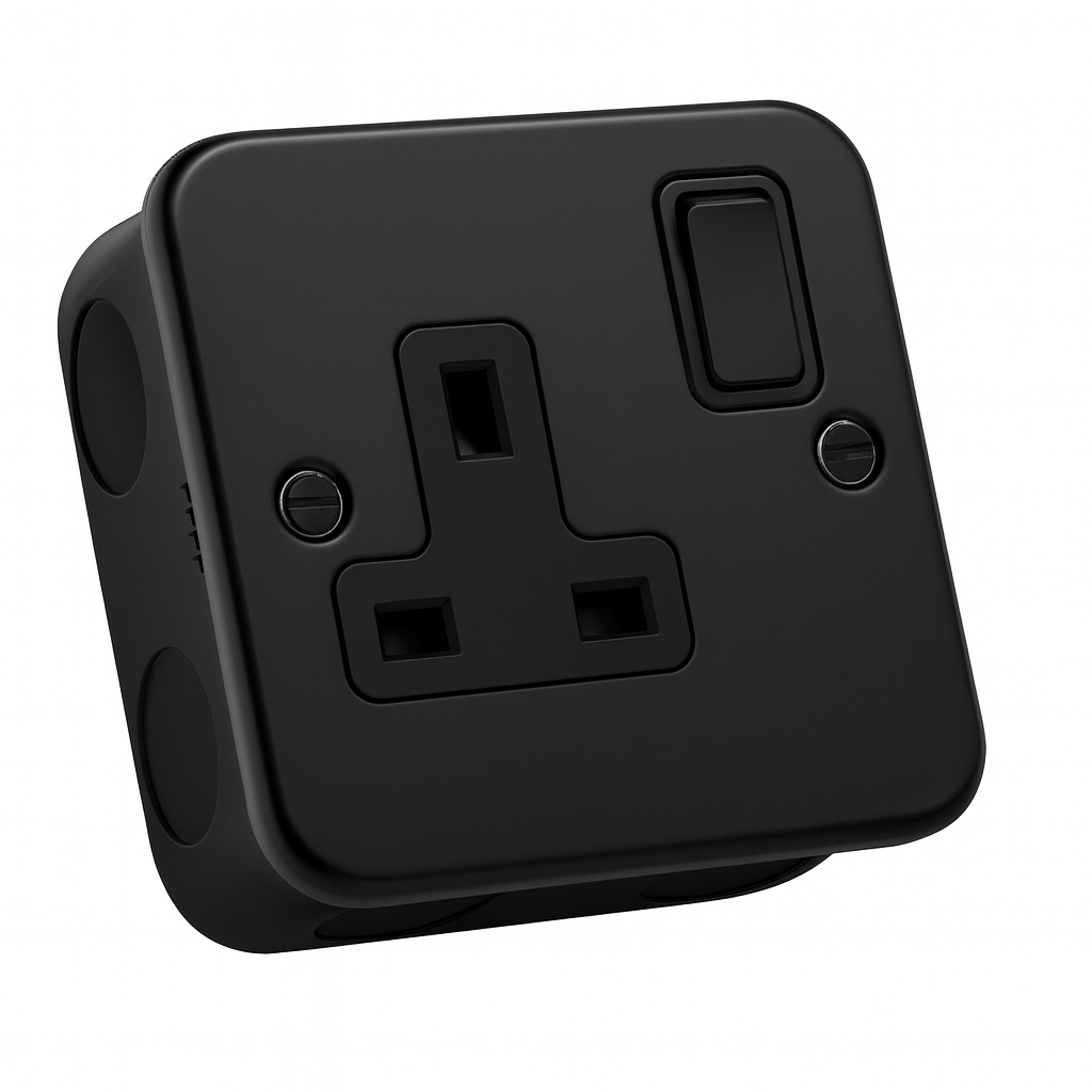 SH|P Matt Black Metal Clad 1 Gang 13A Switched Socket – Stylish Single Power Outlet