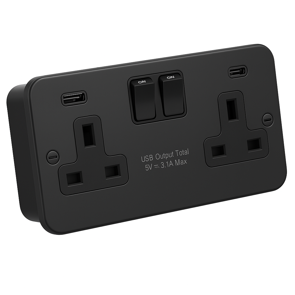 SH|P Matt Black Metal Clad 2 Gang 13A Switched Socket with USB A & C – Double Designer Power Outlet