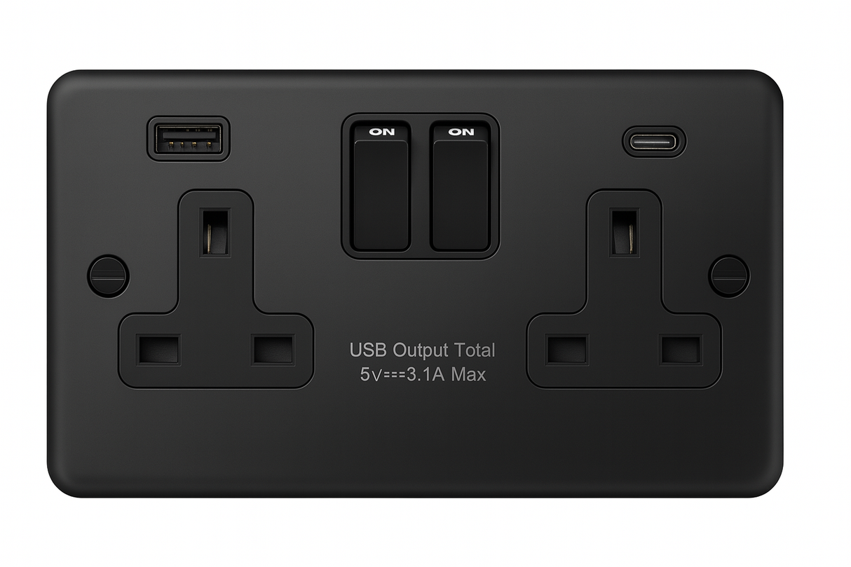 SH|P Matt Black Metal Clad 2 Gang 13A Switched Socket with USB A & C – Double Designer Power Outlet