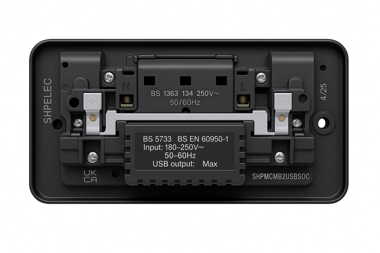 SH|P Matt Black Metal Clad 2 Gang 13A Switched Socket with USB A & C – Double Designer Power Outlet