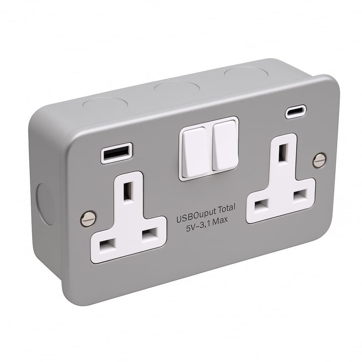 SH|P Metal Clad 13A 2 Gang Switched Socket with USB A & C Ports – Heavy Duty Double Power Outlet