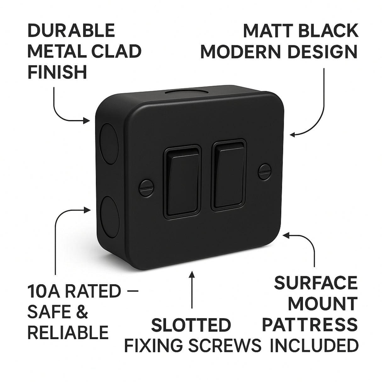 SH|P Matt Black Metal Clad 2 Gang 10A 2 Way Switch – Double Designer Light Switch