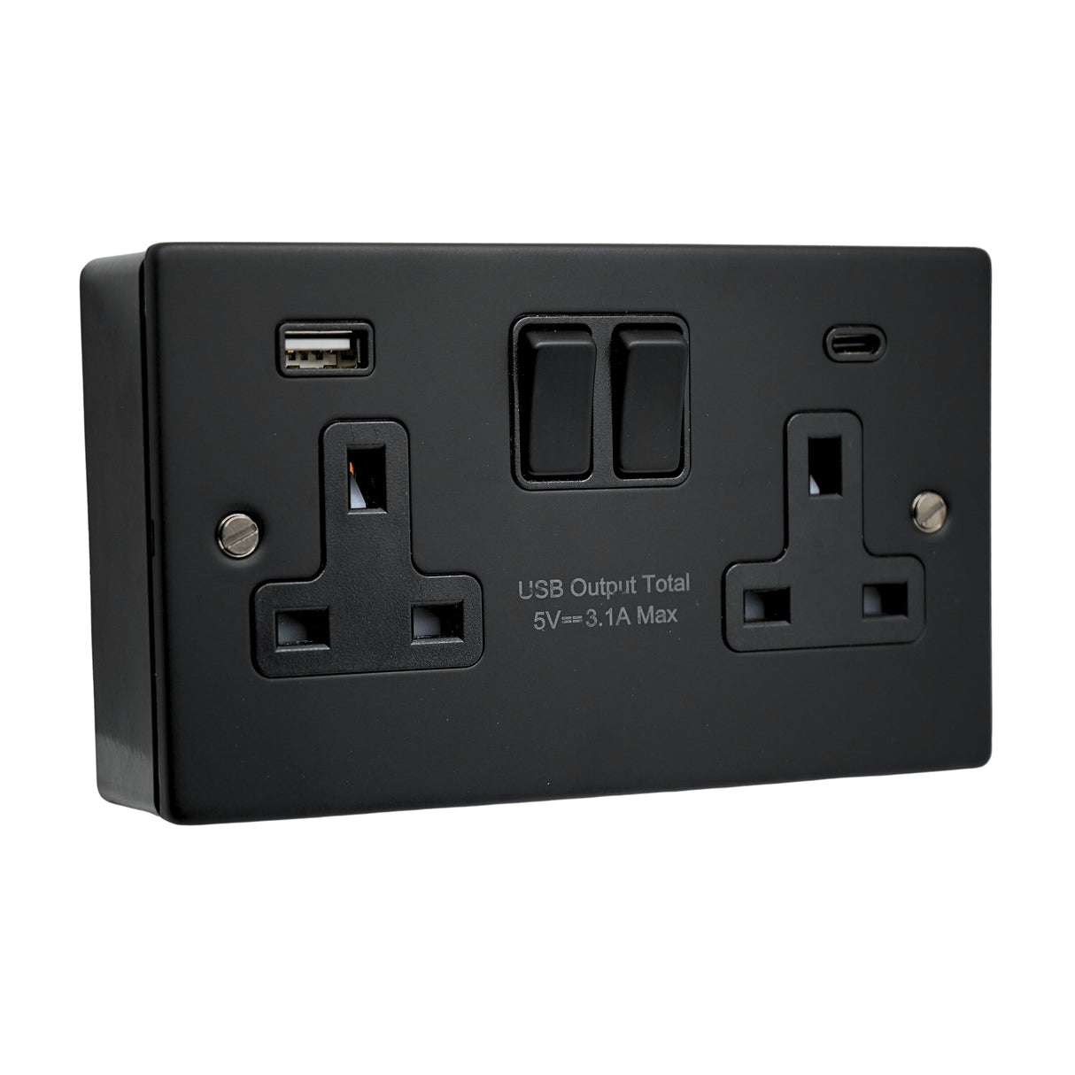 SH|P® 2 Gang Switched Socket – Matte Black, 13A, USB A+C Fast Charge (15W) + 35mm Back Box