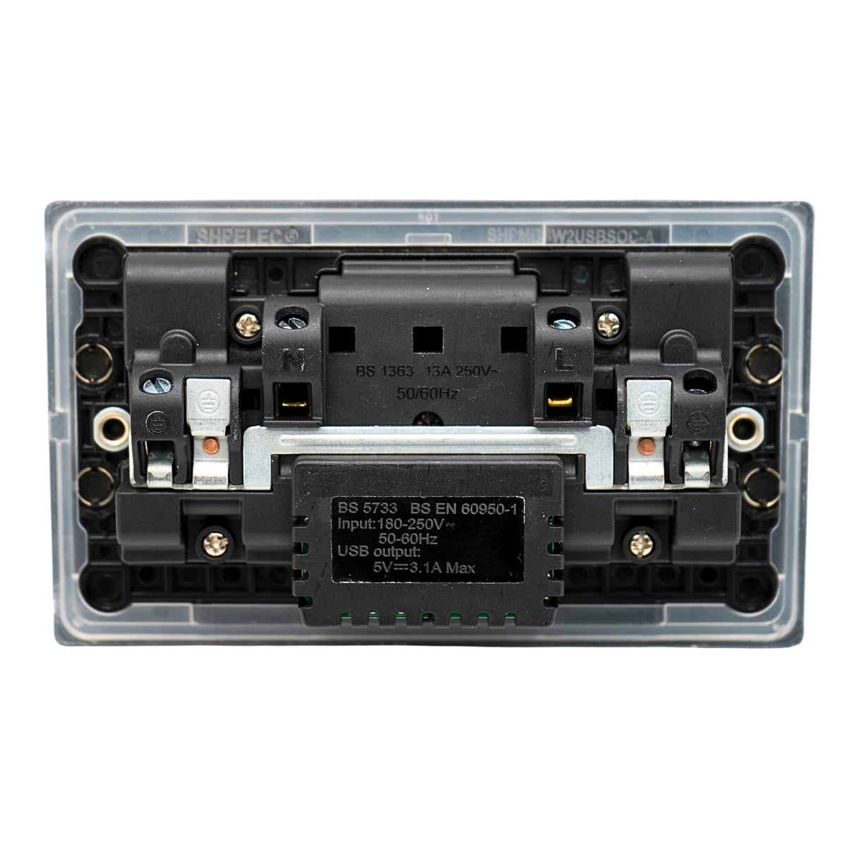 SH|P® Concealed 2 Gang 13A Switched Socket with 15W FASTCHARGE USB Ports (Type A + C) – Screwless Matte Black with 32mm Surface Mount Back Box