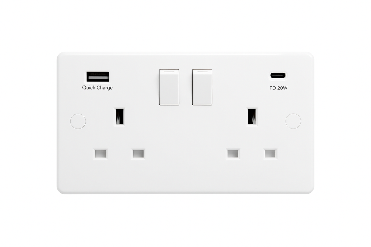 SH|P® 2 Gang Switched Socket with FASTCHARGE USB Type A + Type C (PD 20W) – White