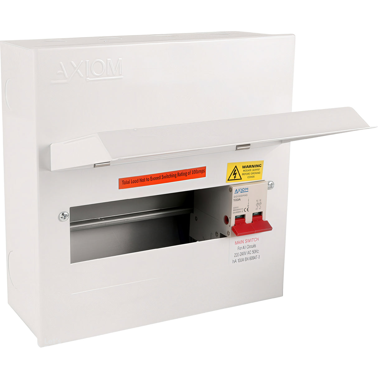 Axiom 10 Way Metal Clad Consumer Unit with 100A Mains Switch – 25mm² Terminal | 30mA Sensitivity | IEC61439-3 Compliant