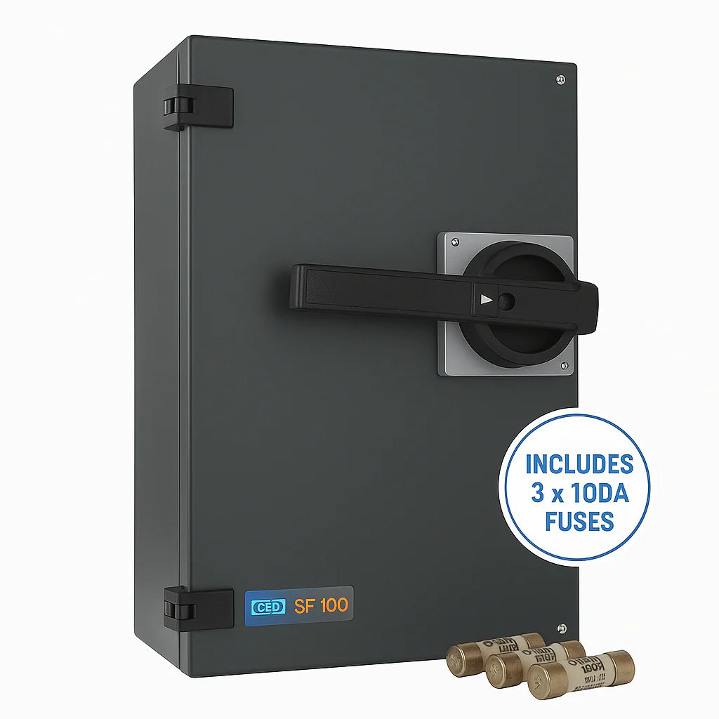 100A 3-Phase TPN Switch Fuse – Grey Steel Enclosure, Surface-Mount, Includes 3 x 100A Fuses