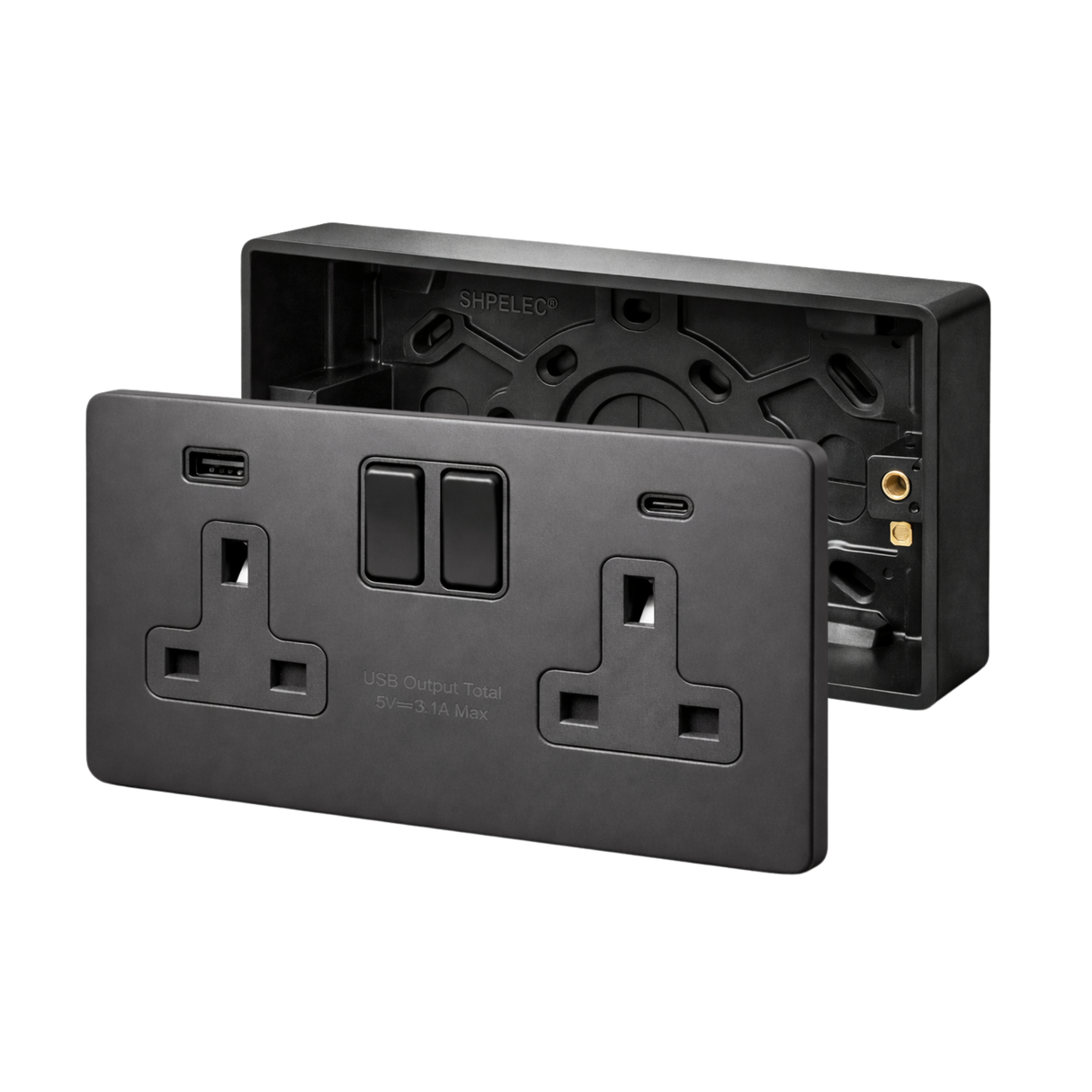 SH|P® Concealed 2 Gang 13A Switched Socket with 15W FASTCHARGE USB Ports (Type A + C) – Screwless Matte Black with 32mm Surface Mount Back Box