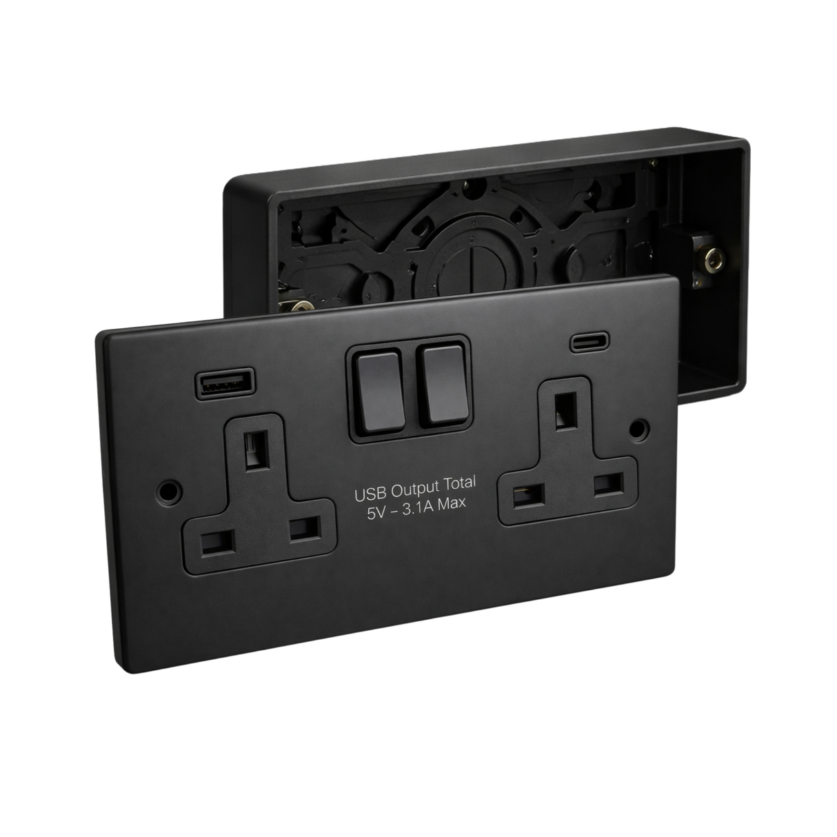SH|P® 2 Gang Switched Socket – Matte Black, 13A, USB A+C Fast Charge (15W) + 35mm Back Box