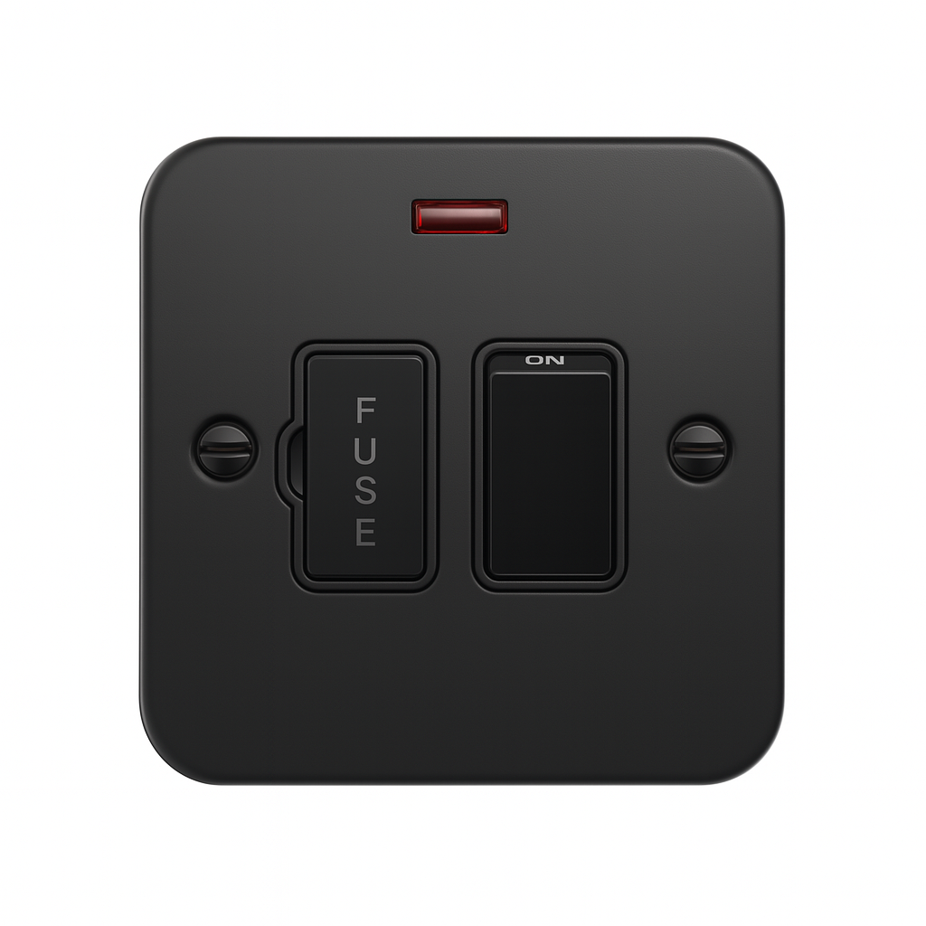 SH|P Matt Black Metal Clad 13A Switched Fused Spur with Neon Indicator – Designer & Safe Power Control