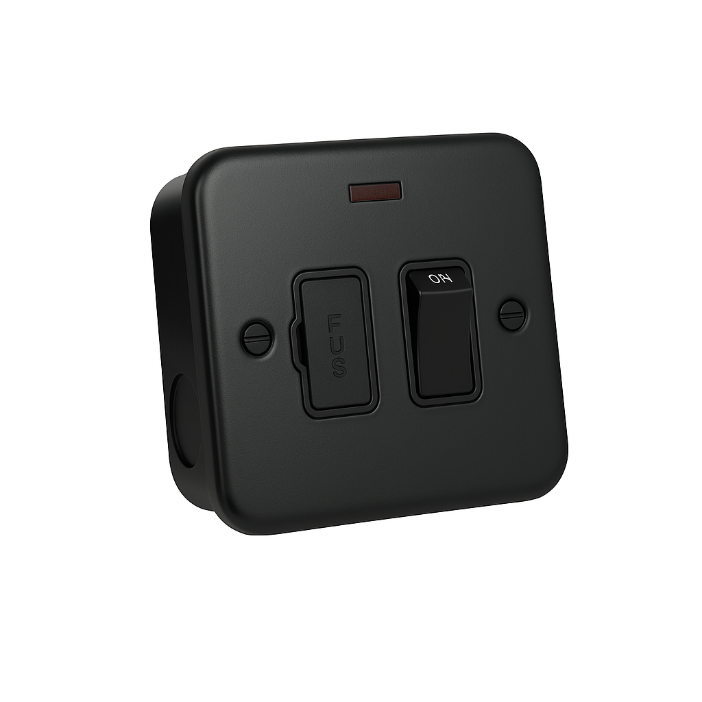 SH|P Matt Black Metal Clad 13A Switched Fused Spur with Neon Indicator – Designer & Safe Power Control