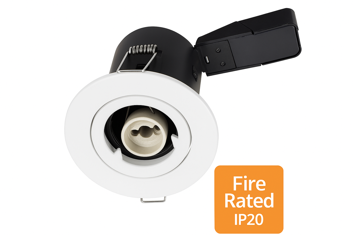 Fixed Trim Fire Rated Downlight - GU10 Lamp Holder, Fast-Fix Connector, Twist-and-Lock White Bezel Finish (IP20)