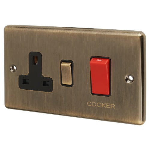 Eurolite Enhance Decorative 45A 2 Gang DP Cooker Switch & 13A Switched Socket - Antique Brass/Black