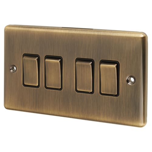 Eurolite Enhance Decorative 10A 4 Gang 2 Way Light Switch - Antique Brass with Black Inserts