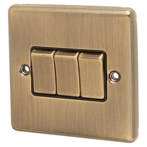 Eurolite Enhance Decorative 10A 3 Gang 2 Way Light Switch - Antique Brass with Black Inserts