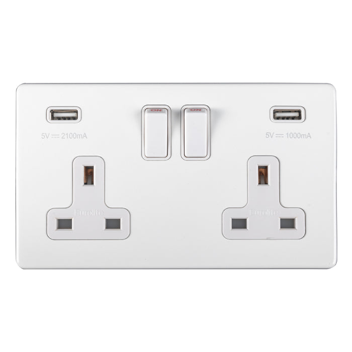 2 Gang 13Amp Dp Switched Socket With Combined 3.1 Amp Usb Outlets Flat Concealed White Plate White Rockers