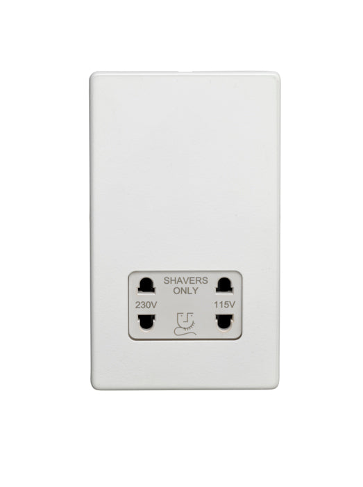 2 Gang Shaver Socket 230/115v Flat Concealed White Plate White Interior