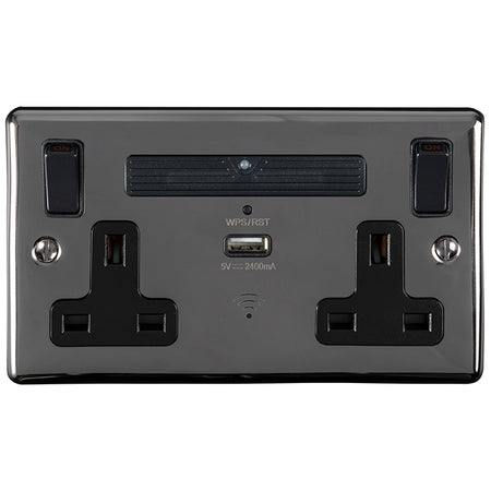 13A 2 GANG SP SWITCHED SOCKET WI-FI EXTENDER + 1X2.4A USB CHARGER BLACK NICKEL BLACK TRIM