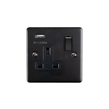 1 GANG 13AMP SWITCHED SOCKET WITH 2.1 AMP USB OUTLET MATT BLACK ENHANCE RANGE BLACK TRIM
