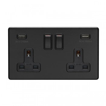 2 Gang 13Amp Dp Switched Socket With Combined 3.1 Amp Usb Outlets Flat Concealed Matt Black Plate Black Rockers