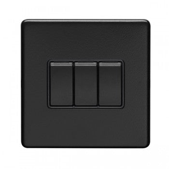3 Gang 10Amp 2Way Switch Flat Concealed Matt Black Plate Black Rockers