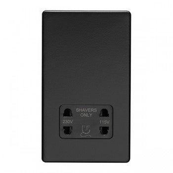 2 Gang Shaver Socket 230/115v Flat Concealed Matt Black Plate Black Interior