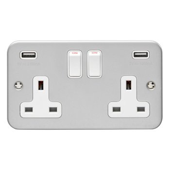 Eurolite Utility Metal Clad 2 Gang 13A Switched Socket with Combined 3.1A USB Outlets