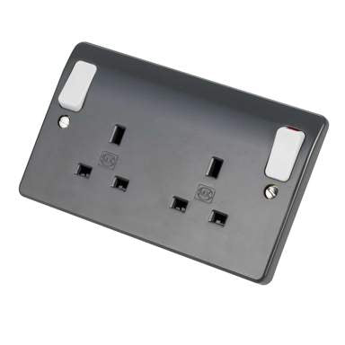 MK Logic Plus 13A DP 2 Gang Switched Socket with White Outboard Rockers Graphite