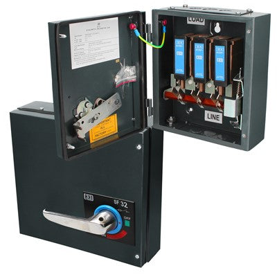 32A SWITCH FUSE TPN GREY STEEL ENCLOSURE