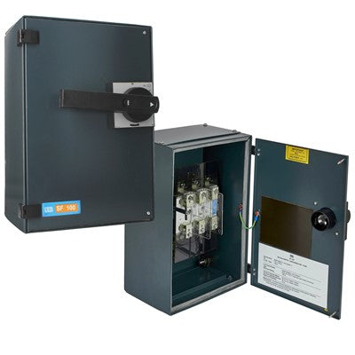 100A 3-Phase TPN Switch Fuse – Grey Steel Enclosure, Surface-Mount, Includes 3 x 100A Fuses