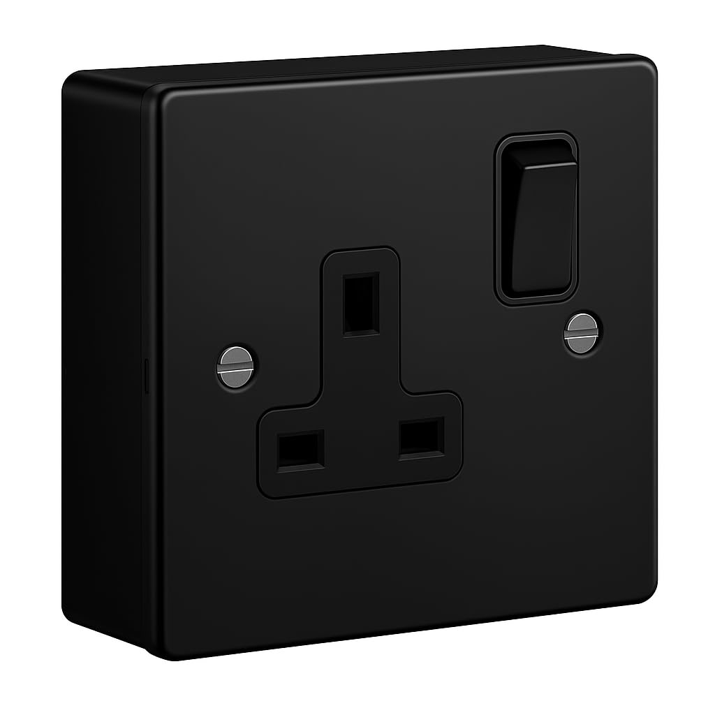 SH|P® COMPACT 3mm Thin Plate Ultra Matt Black Metal 13A 1 Gang Socket and 25mm Plastic Surface Mount Pattress Box