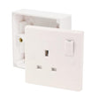 White square edge 13A 1 gang switched socket with 25mm surface mount pattress box